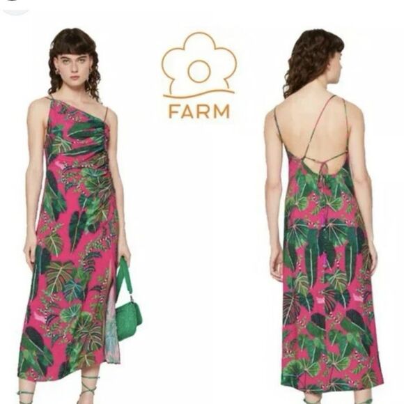 FARM RIO PINK/GREEN LEAVES ASYMMETRIC MIDI VISCOSE DRESS TROPICAL SIZE SMALL - Picture 2 of 15